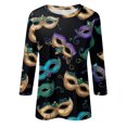 thumbnail image 7 of Mardi Gras Shirts Womens Glitter Crew Neck Holiday Blouse 3/4 Sleeve Mask Print Party Graphic Tee Dark Blue 3XL, 7 of 7