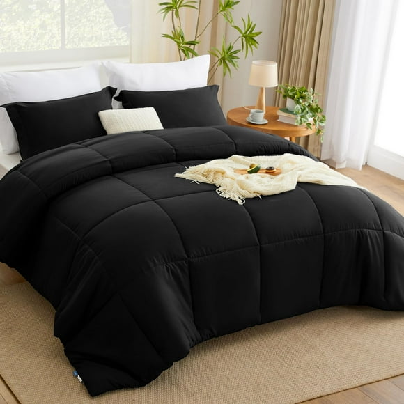 Cozylux Full Size Comforter Sets - Black Comforter Full Size 3 Pieces Box Stitched Bed Set For All Seasons Soft Lightweight Bedding Sets With 1 Down Alternative Comforter And 2 Pillow Shams