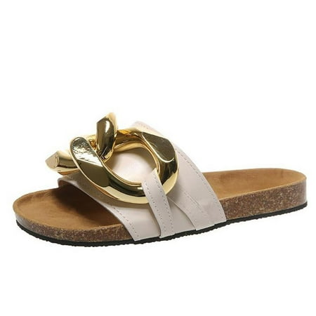 

Women Flat Sandals Casual Metal Chain Strap Summer Beach Slippers