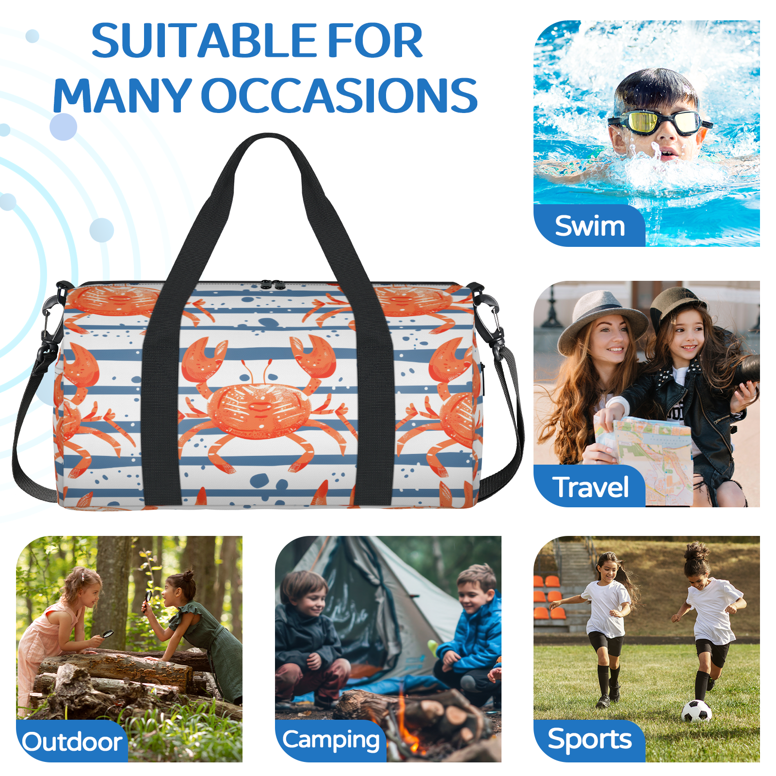 Herdesigns Crab Travel Duffle Bag Sports Yoga Weekender Overnight Carry on Workout Bags Lightweight Waterproof Gym Tote Bag for Women Ocean