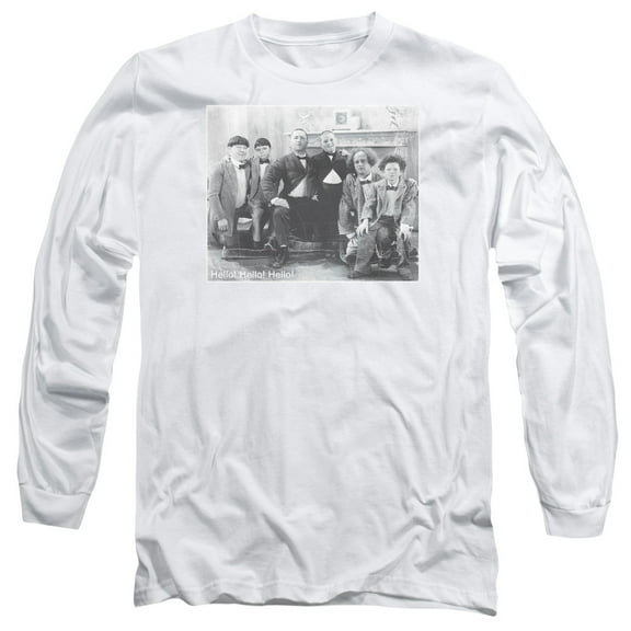 Three Stooges Hello Long Sleeve Adult 18/1 T-Shirt White