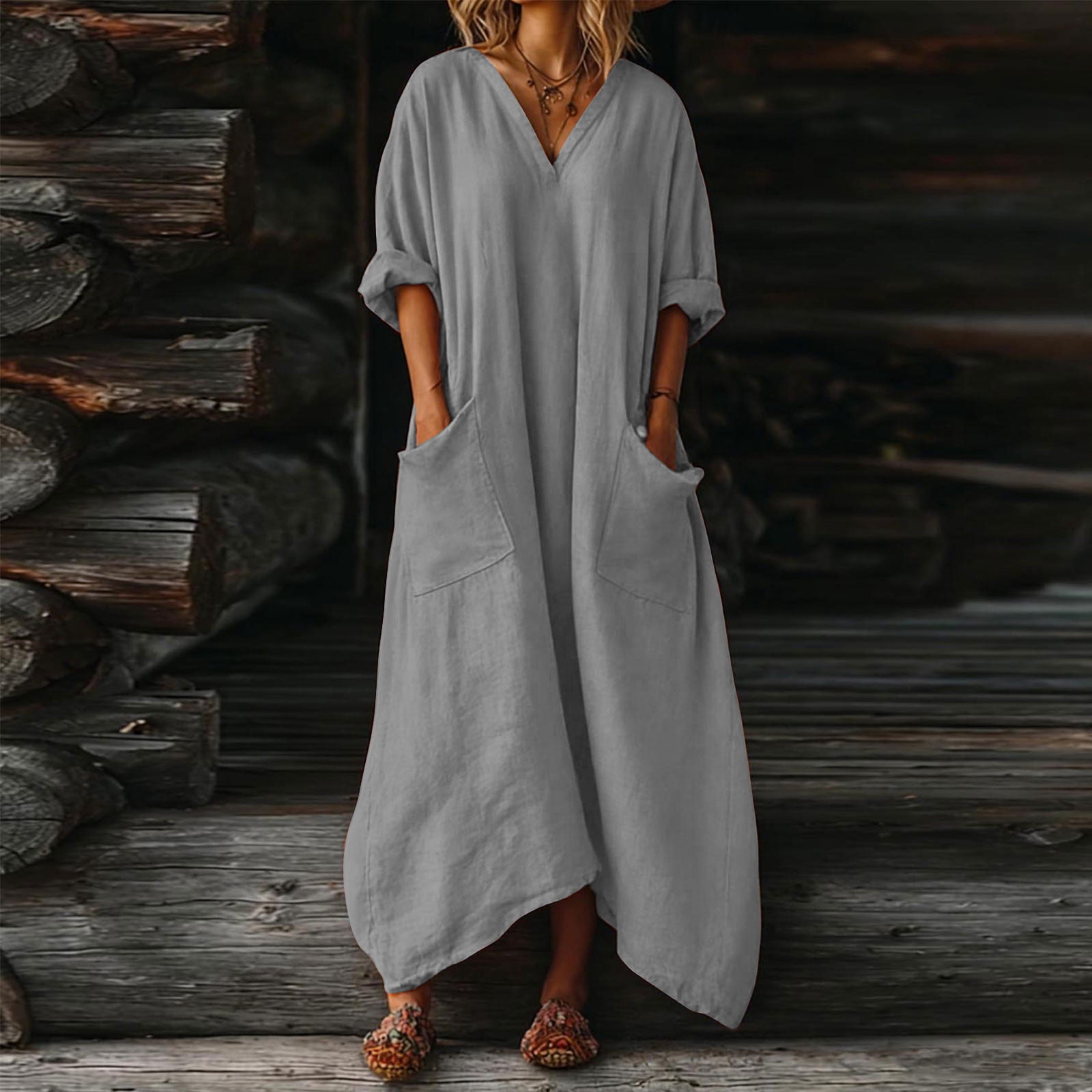 Dresses for Women, Womens Casual Loose Cotton Linen Long Shirt Dress, V-Neck Cuffed Sleeve Side Split Dresses with Pockets