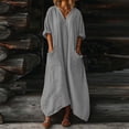 thumbnail image 6 of Purcolt Womens Cotton Linen Maxi Dress Summer Oversized V Neck 3/4 Length Sleeve Shirt Dress Comfortable Casual Roll Up Cuffed Beach Dresses with Pockets, 6 of 8