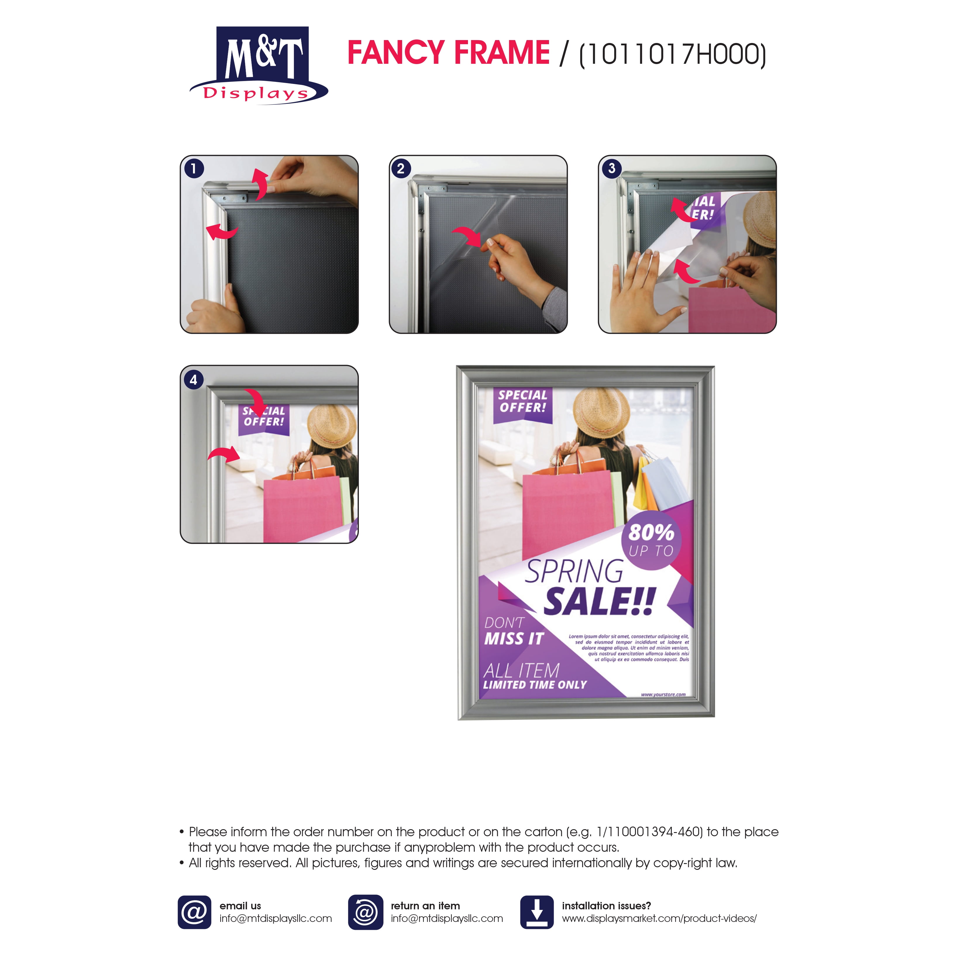 M&T Displays Fancy Front Loading Snap Picture Frame Poster Size 1.58" Silver Color Profile, Mitered Corner (40x60)