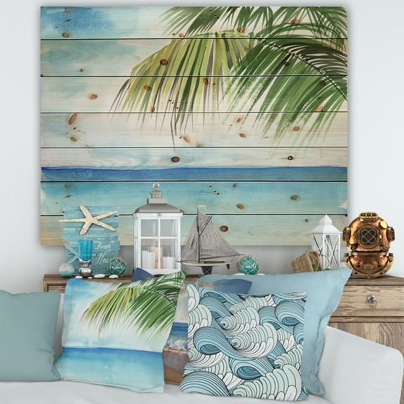 Designart 'Palm Beach Resort At Sunrise III' Nautical & Coastal Print on Natural Pine Wood