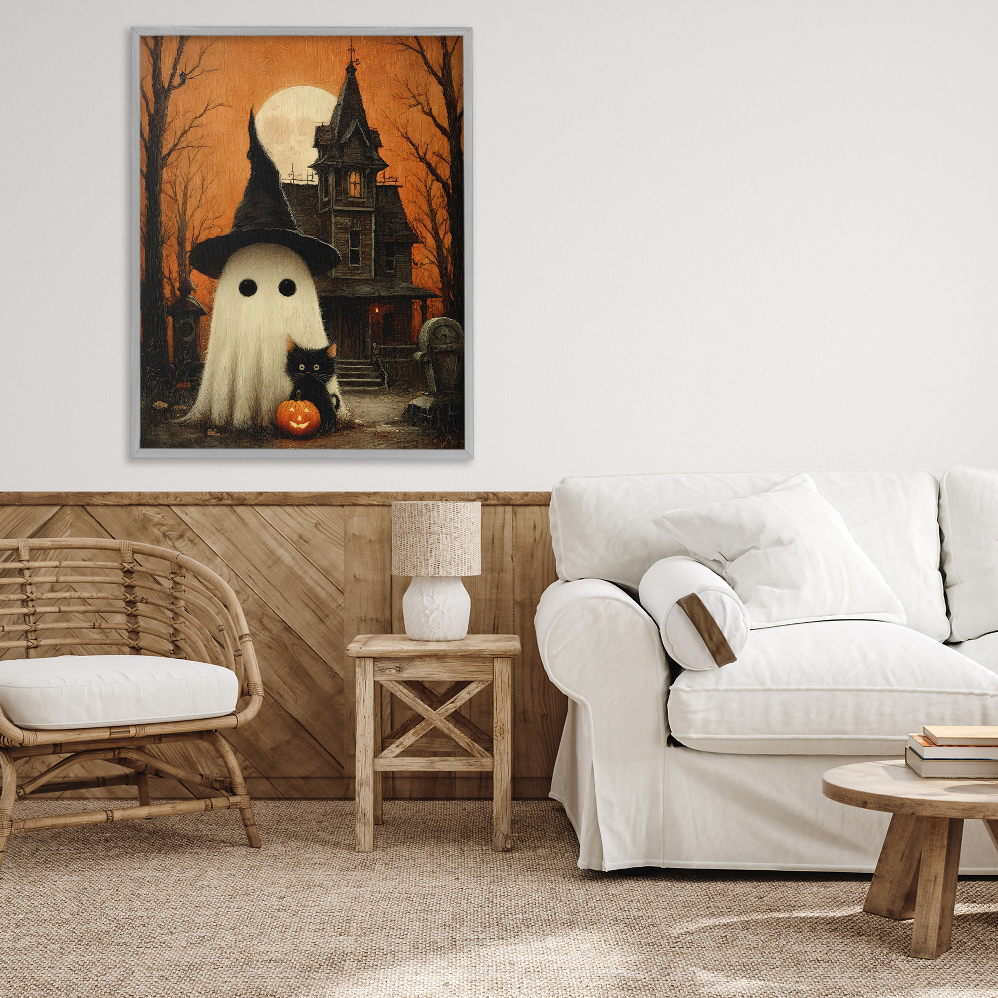 Cute Ghost & Haunted House Gray Framed Giclee Art, design by Arlington Prints
