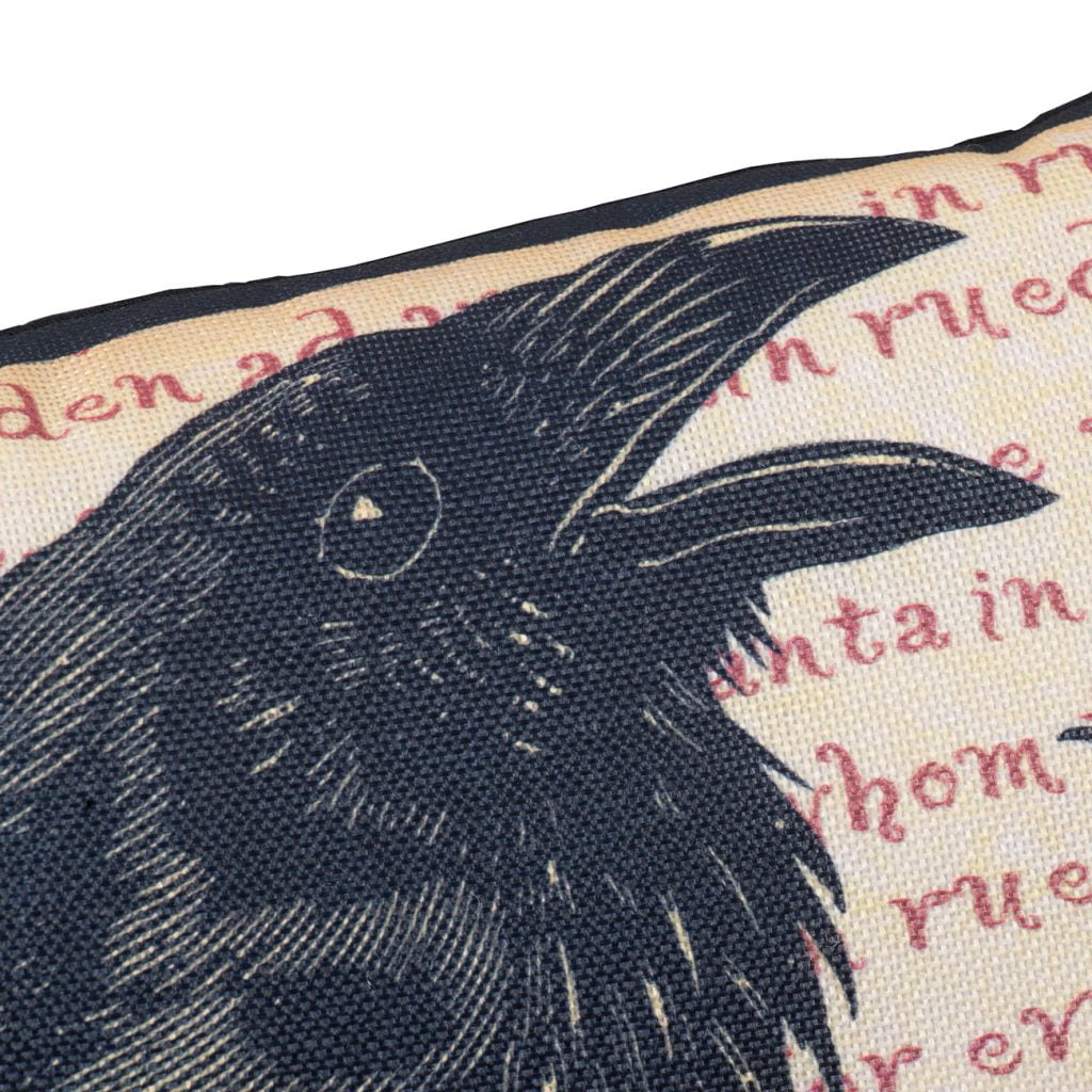 Happy Halloween Black Crow Pillow 20x13 Inch Eerie Antique Script with Ribbon Hanger