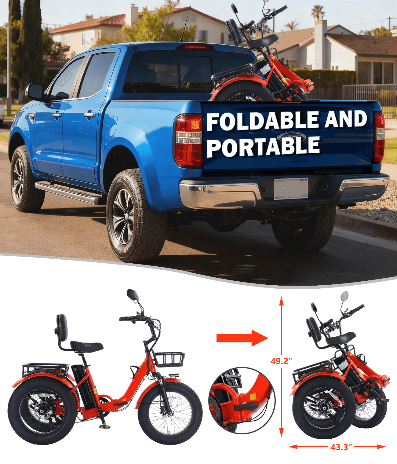Electric Tricycle for Adult Folding Etrike Adult Electric 3 Wheels Bicycle Peak 1350W Motor Aluminum Frame 48V15.6AH Lithium Battery 20×4.0" Fat Tire & Rear Differential