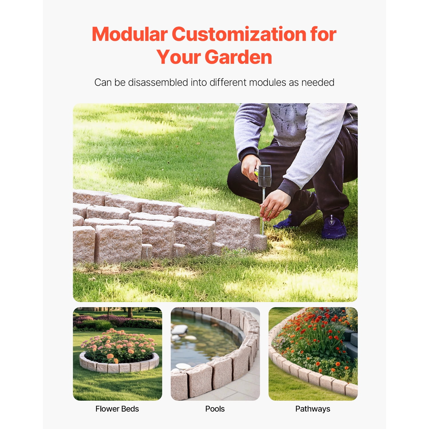 KFFKFF Imitation Stone Landscape Border 46.8 x 3.9 in Authentic Lawn Border, Adaptable Brick-Like Garden Border with Grounding Pegs, Durable Driveway and Walkway Edging in Beige, Resistant to Fading