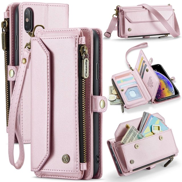 Funda tipo cartera para iPhone XS Max con bloqueo RFID, tarjetero, cremallera y ranura para billetes, correa de hombro magnética de piel sintética suave para mujer