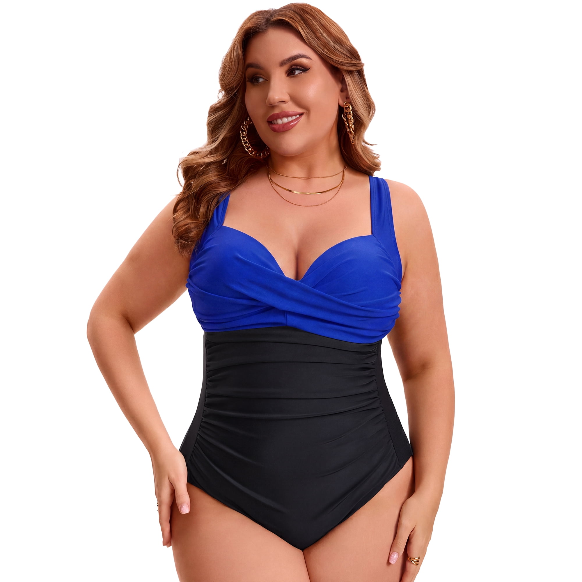 DARING DIVA Women's Plus 1 Piece Crisscross V-neck Swimsuit L Black Blue