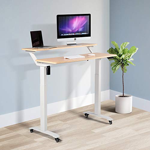 UNICOO® 2 Tier Electric Height Adjustable Standing Desk with Wheels, Electric Mobile Standing Workstation, Sit Stand Desk Home Office Desk Whole-Piece Desk Board 48 * 24 in (KT1002-LW) 2Tier