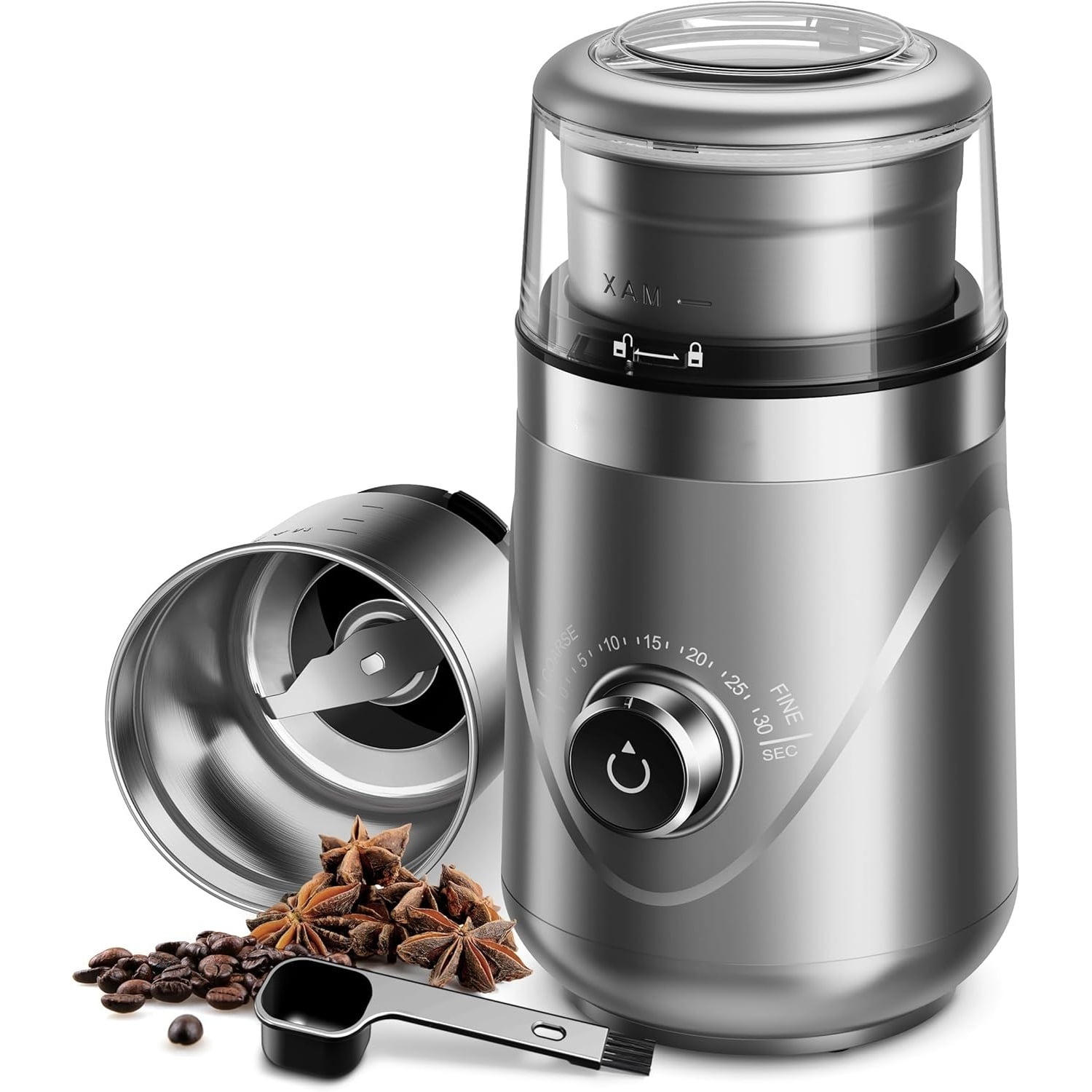 Electric Super Silent Blade Coffee Grinder, Timed Grind Control Rotary Knob, Adjustable Coarse to Fine for Coffee Beans, Spices & Herbs, with 1 Removable Stainless Steel Bowl, Sliver