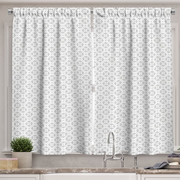 Ambesonne Floral Kitchen Curtains, Minimalistic Grid Flowers, 55"x45", White and Pale Grey