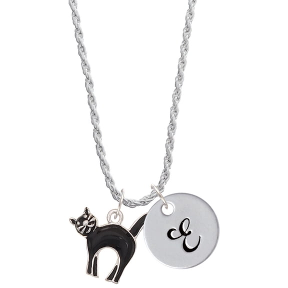Delight Jewelry Silvertone Black Standing Cat Silvertone Script Initial Disc - E - Charm Necklace, 20"+3"