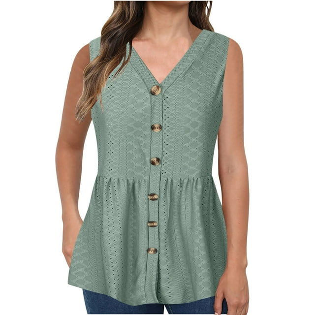 AherBiu Plus Size Tank Tops for Women Button down Tunics V Neck Sleeveless Causal Solid Color Elastic Waist Comfy Camis