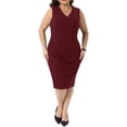 thumbnail image 2 of Agnes Orinda Women's Plus Size Bodycon Dress Ruched V Neck Sleeveless Business Office Party Cocktail Pencil Dresses 3X Burgundy, 2 of 5