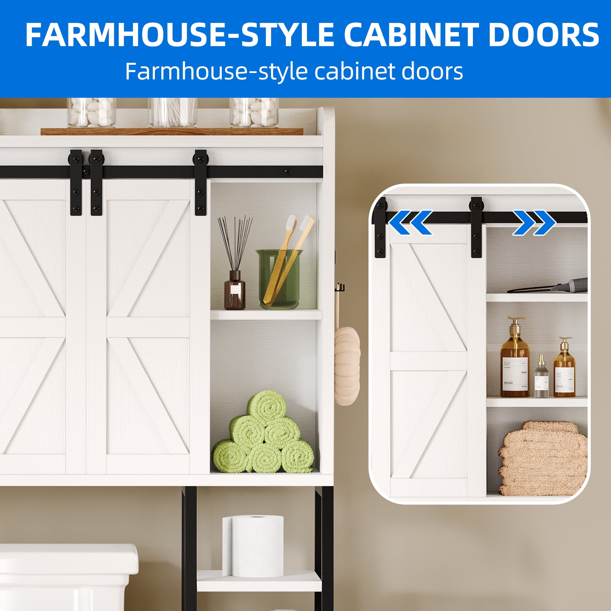 Uforic 61" Heavy-Duty Over The Toilet Storage Cabinet, 3-Tier Freestanding Organizer with Sliding Barn Door, 4 Open Shelves & Tissue Holder, White