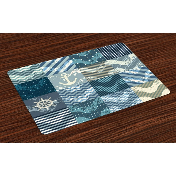 Nautical Placemats Set of 4 Marine Theme Wave Patterns in Patchwork