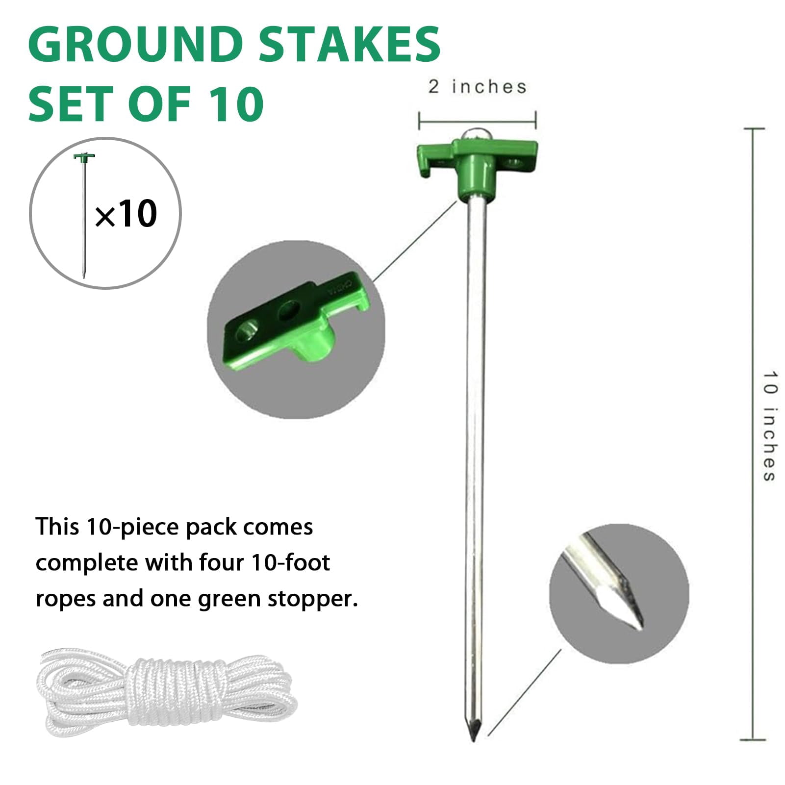 Galvanized Rust-Proof Camping Family Tent Pop-Up Tent Stakes Ice Tools Heavy Duty 10-Pack with 4x10ft Rope and 1 Green Stopper