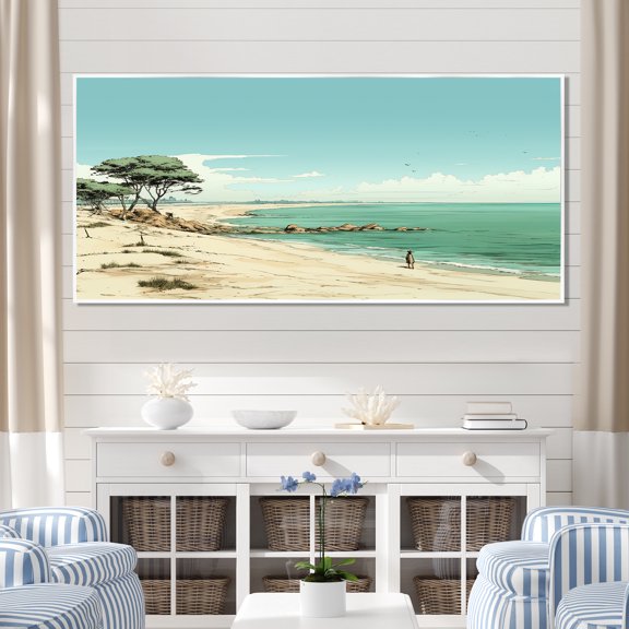 Designart "Horizon Line at the Beach in France" Extra Large Coastal Framed Wall Art - Coastal Blue Coastal Minimalism Entryway Framed Wall Art Print