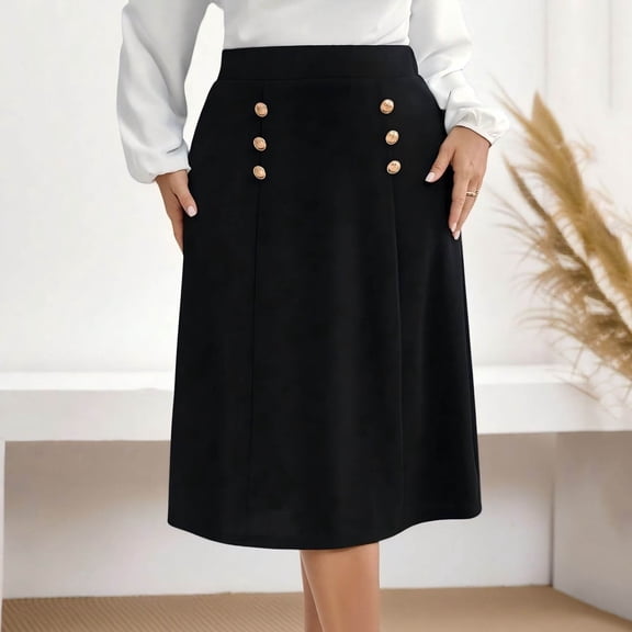 qelini High Waist Skirts Women Plus Size Mid-Length Skirt A-line Skirt Solid Color Beach Casual Skirt