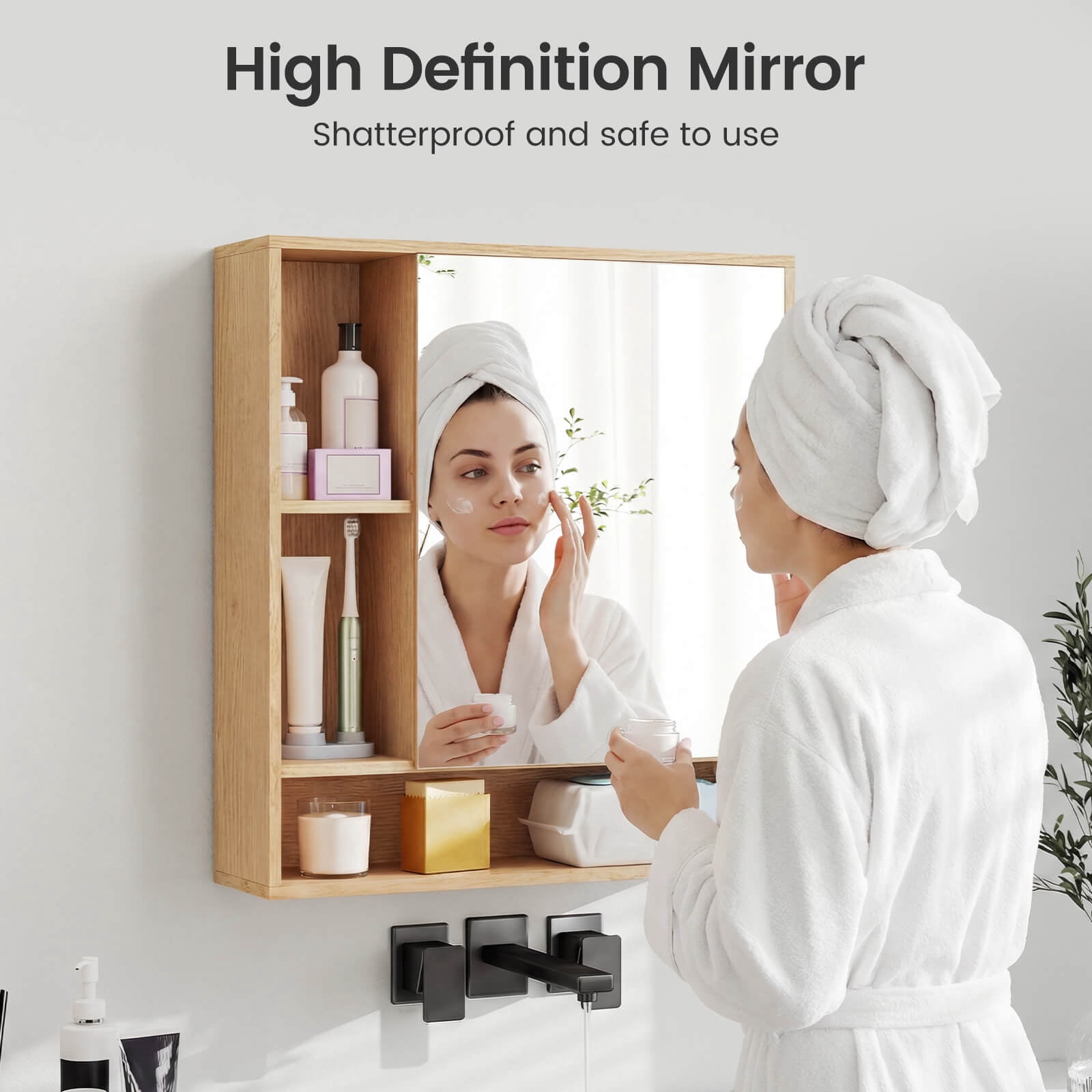 Costway Bathroom Wall Cabinet with Mirror, Single Door, 3 Open Shelves & Adjustable Shelf Natural