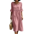 thumbnail image 2 of Guieoi Womens Dresses Plus Size Round-Neck Solid-Color Cotton-Linen Short-Sleeve Lace-Trimmed Ruffled-Sleeve Dress Pink XL, 2 of 6