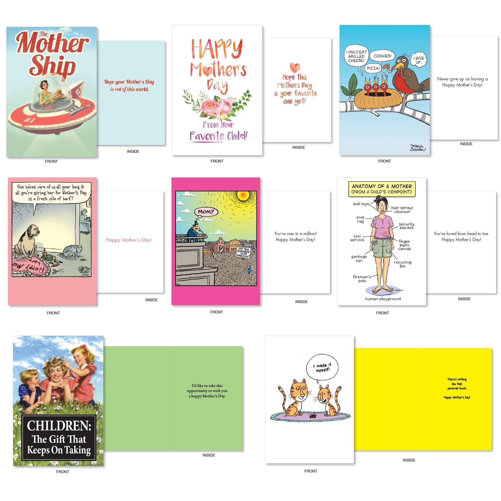 NobleWorks 36 Assorted Box Set Funny Mother's Day Greeting Cards w/5 x 7 Inch Envelopes (36 Designs, 1 Each) Mom Top Moms AC10242MDG-B1x36