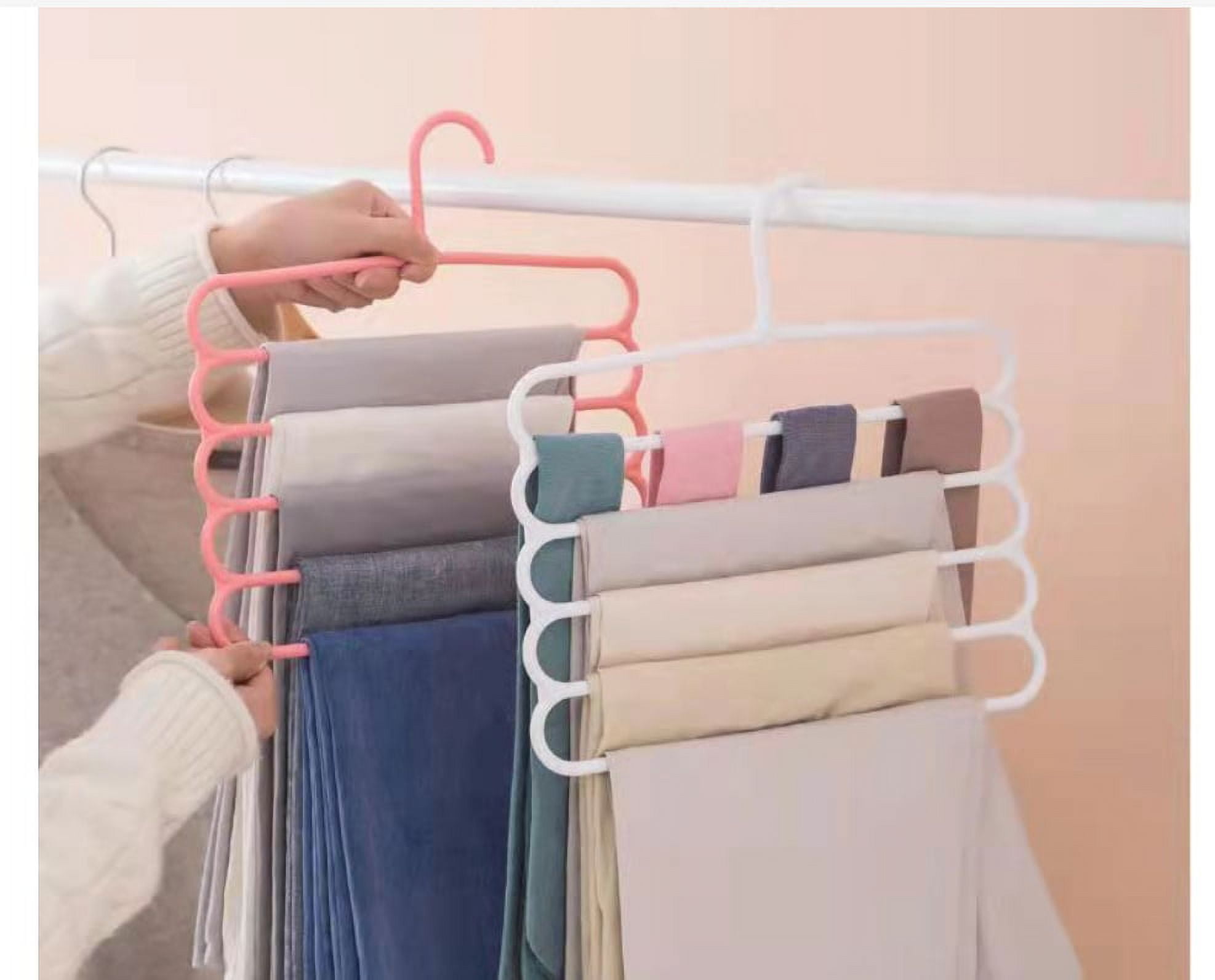 Slip Free 5 Layers Closet Pants Organizer, Multifunctional Space Saving Cloth Hanger,Plastic Non-Slip Space Saving Clothes Slack Hangers for Clothes Trousers Scarfs Ties (4 Pack, Random Color)