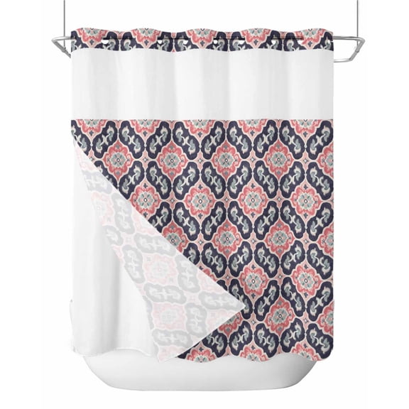 No Hook Shower Curtain with Snap-in Liner, Blue Pink Geometric Waterproof Fabric Bathroom Curtains, Vintage Southwest Ethnic Bath Curtains & Mesh Top Window 66"x72"