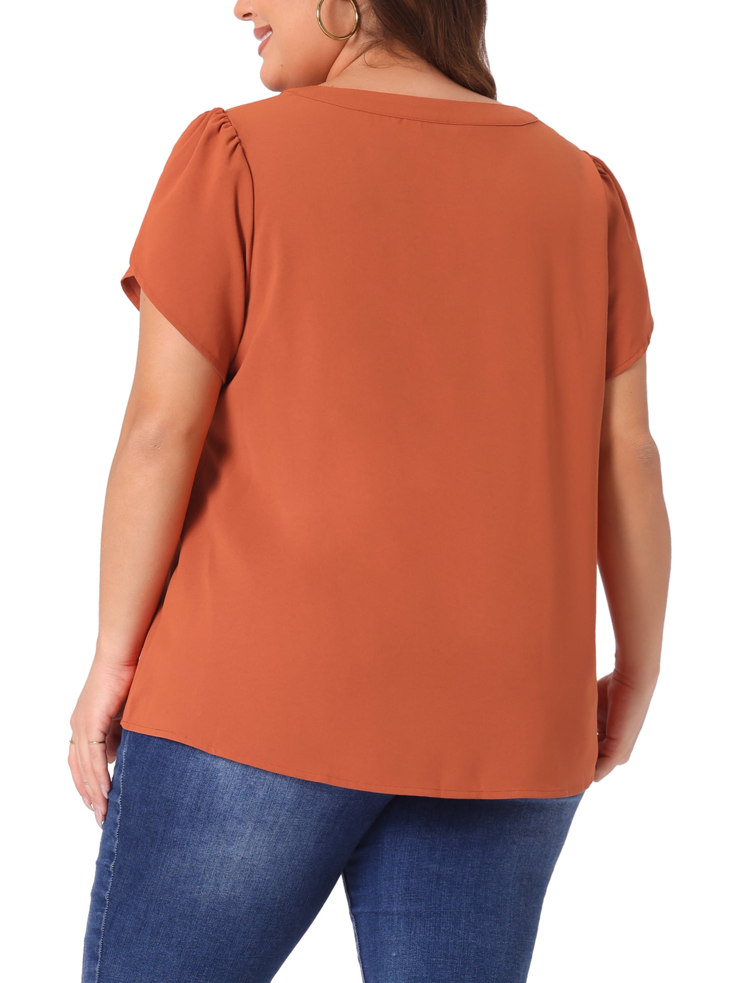 Women's Plus Blouses Notched V Neck Short Petal Sleeve Shirts Casual Dressy Tops 1X Caramel