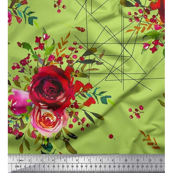 Soimoi Silk Fabric Triangle,Berries & Rose Flower Printed Fabric 1 Yard 42 Inch Wide