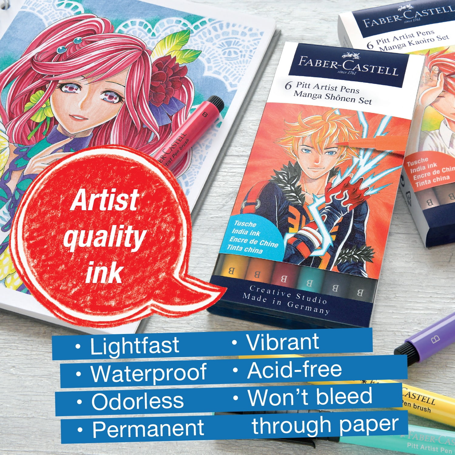 Faber-Castell Pitt Artist Pens Manga Set - Shonen, Set of 6
