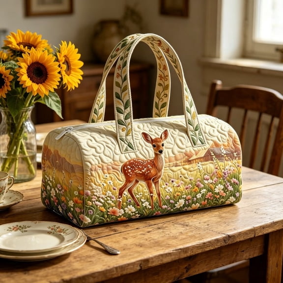 Quilted Deer Duffle Bag, Unisex Travel Bag for Women Men, Flat Printed Bohemian Weekender Handbag, Lightweight Overnight Bag