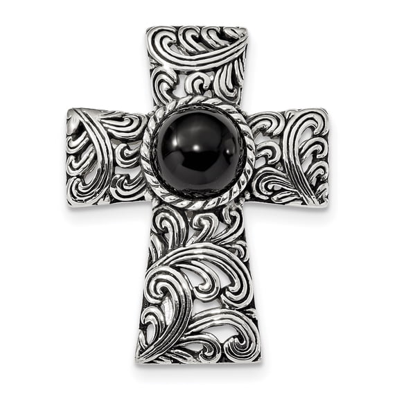 Sterling Silver Antiqued Filigree Black Onyx Cabochon Slide (41 X 32) Made In China qc9043