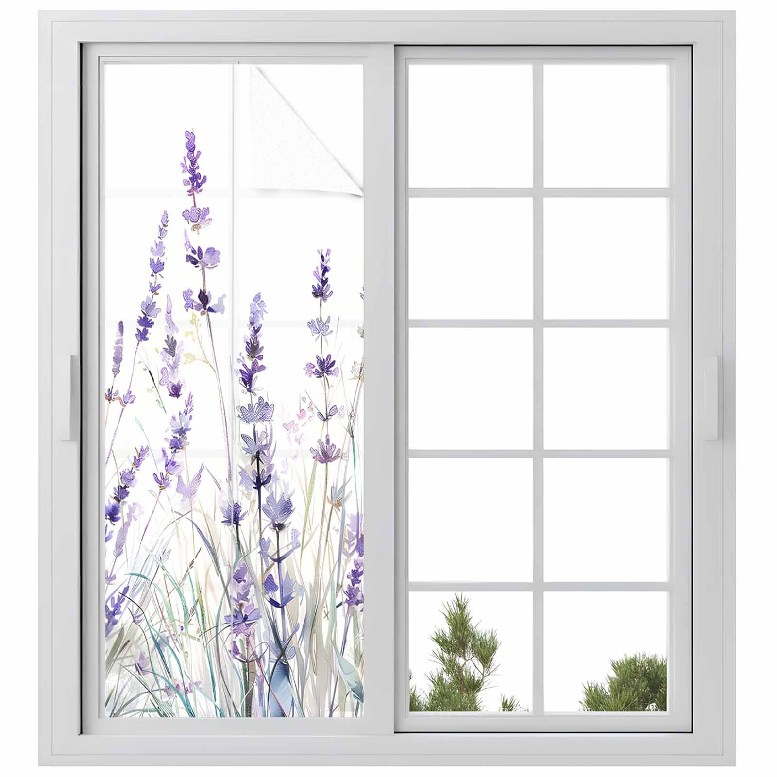 Lavender Floral Window Privacy Film, Spring Flowers Botanical Plants Static Cling UV Sun Blocking Tint Film Heat Control Windows Films for Bedroom Bathroom, Window Stickers 23.6"x59"