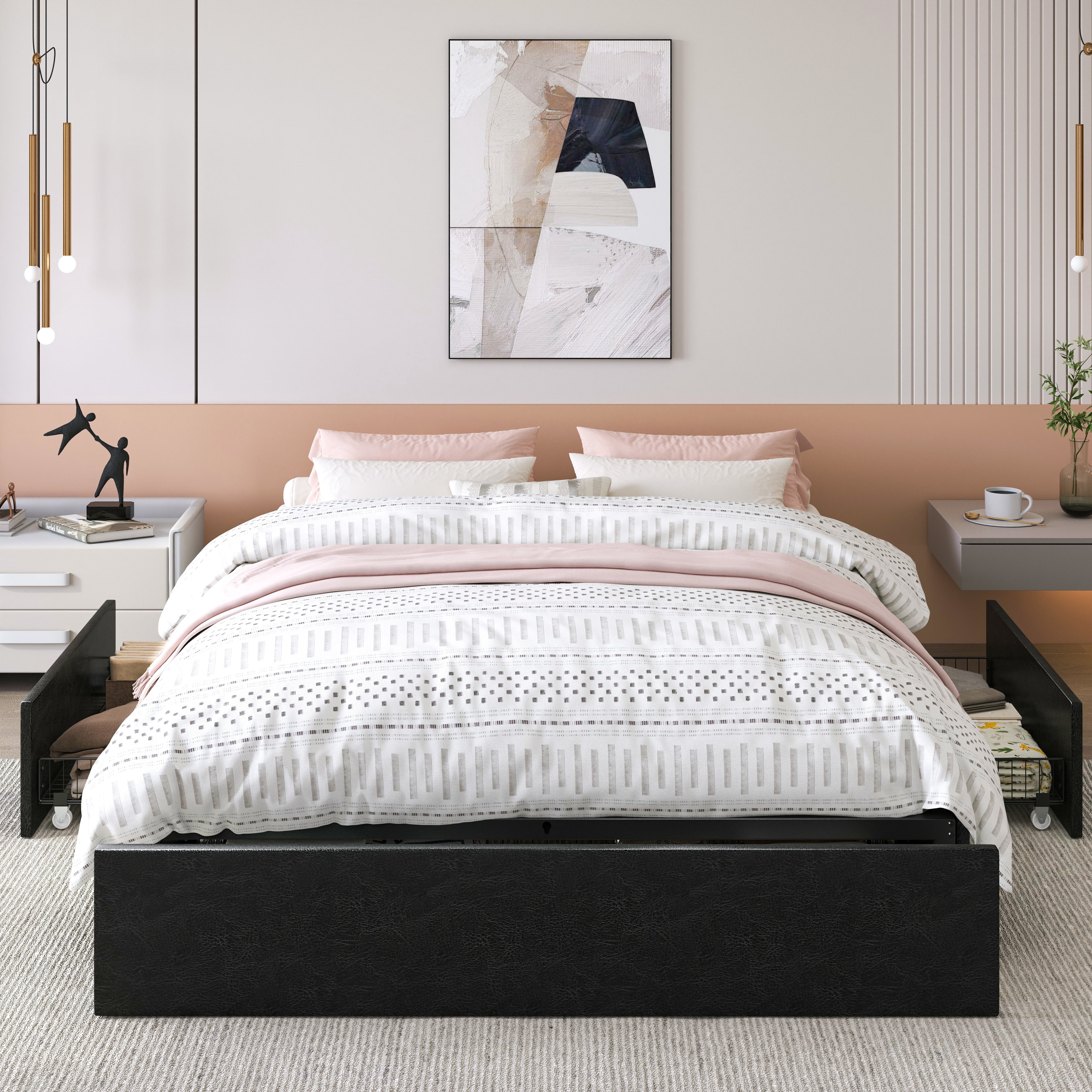 Allewie Full Size Platform Bed Frame with 3 Storage Drawers, Faux Leather Upholstered, Black