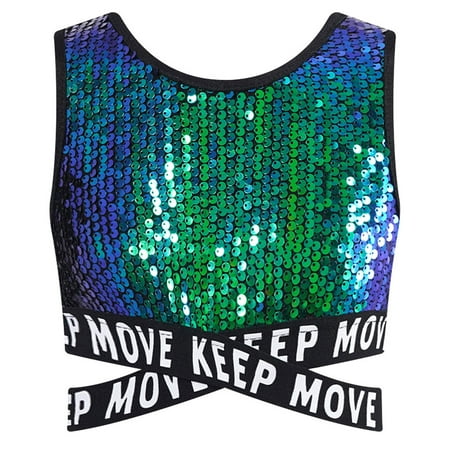 YONGHS Kids Girls Sequin Modern Street Hip Hop Jazz Dance Crop Top Vest Shirt Sports Bra Performance Costume Green 16