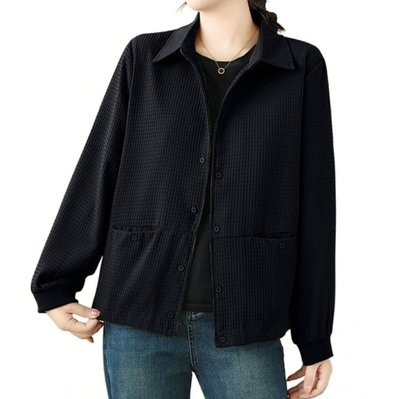 Uootdi Business Casual Outfits for Gift Women Long Sleeve Button Down Waffle Jacket Quilted Shacket Overshirt with Pockets Fall