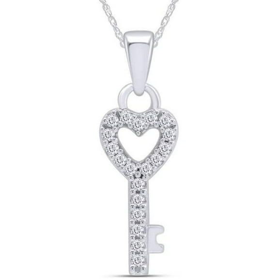 Real 925 Sterling Silver 14K White Gold Plated Round Cut White Diamond Vintage Heart Key Pendant Necklace For women