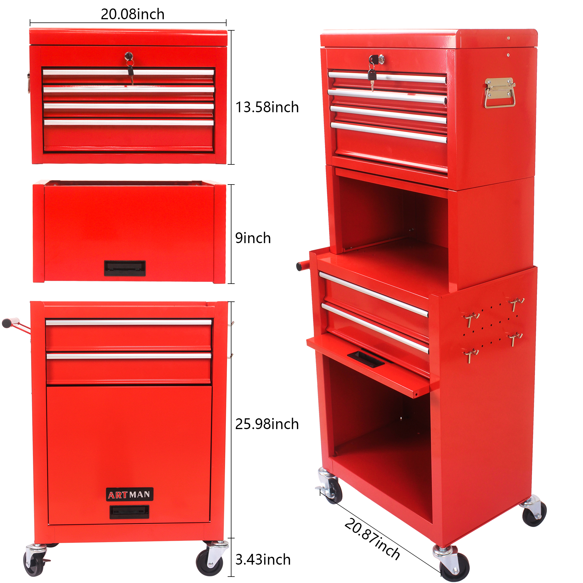 Seizeen Rolling Tool Boxes on Wheels, 5 Drawers Tool Chest Storage Cabinet  Metal, Multifunctional Tool Cart Lockable for Garage Workshop, 30''H Red