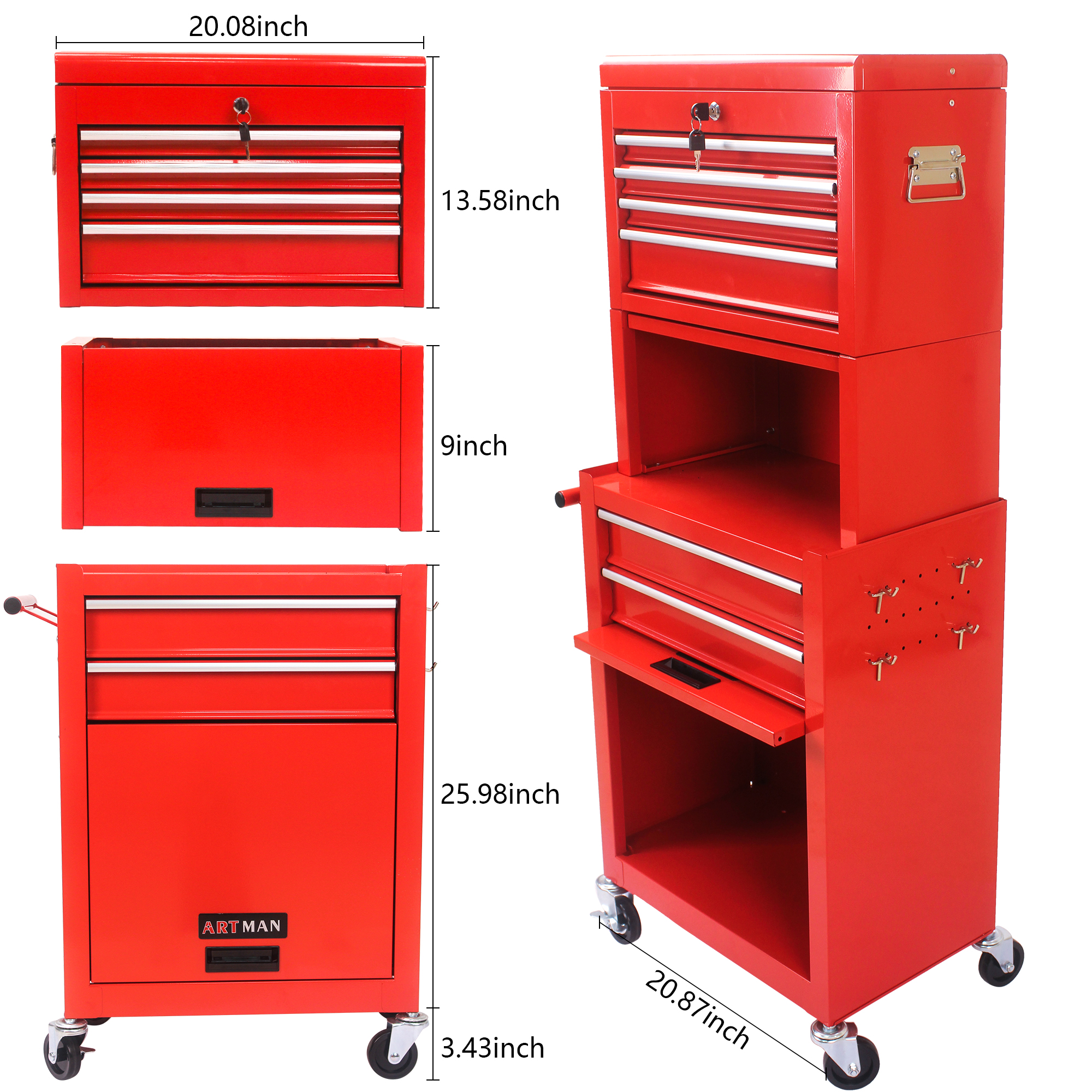 2-IN-1 Tool Chest & Cabinet, Large Capacity 8-Drawer Rolling Tool Box  Organizer with Wheels Lockable, Red