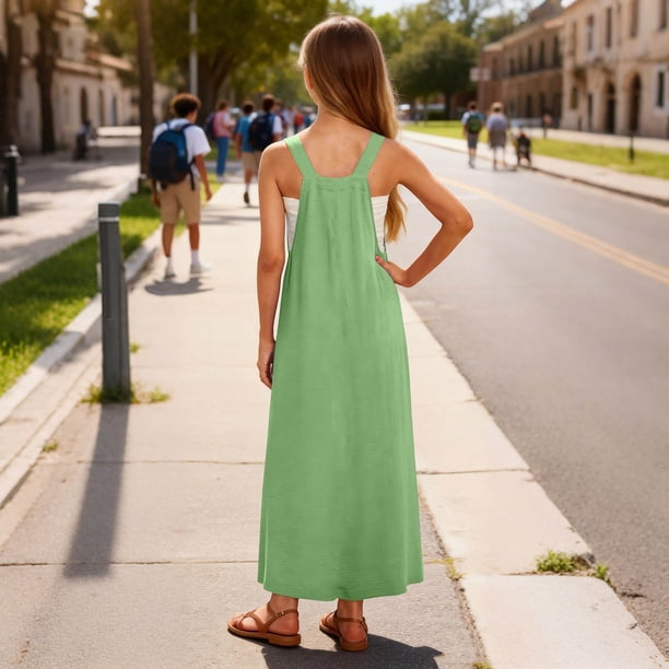 Blekii Petite Fit Overall Summer Casual Sleeveless Maxi Dress Spring Beach Vacation Resort Wear with Pocket Green 120