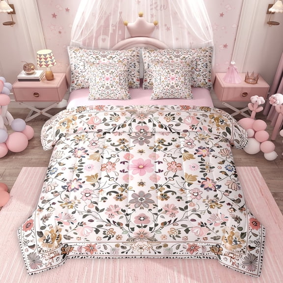 Feelyou Pink Flower Women Twin Bedding Sets 7-Piece, Vintage Boho Floral Bedding Comforter Set, Mandala Cherry Blossoms Reversible Sheet Sets, Ultra Soft Bedroom Decor