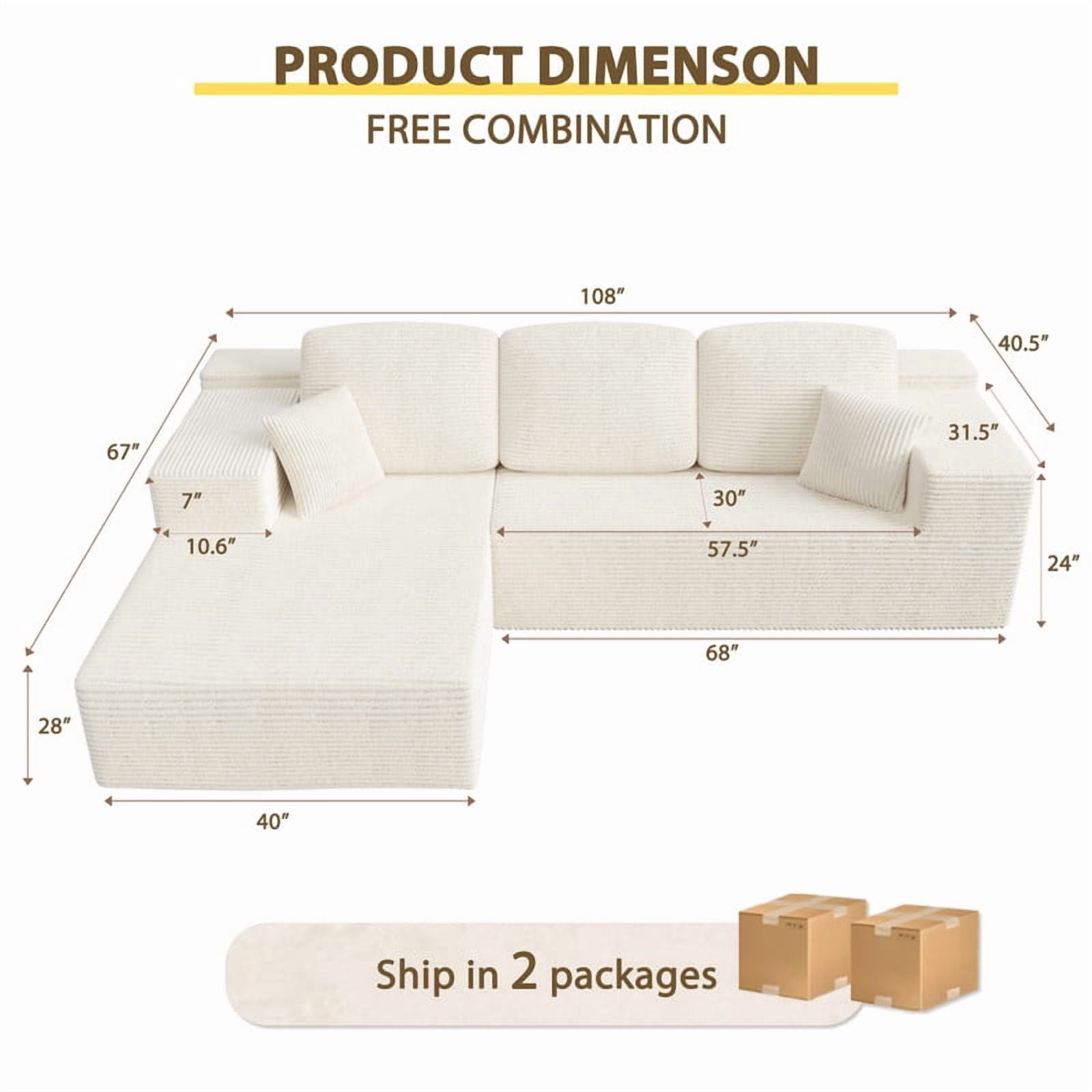 Homall 108" Cloud Sectional Sofa, Boneless Couch with L-Shape Chaise, Modular Couch with Deep Seat, No installation for Living Room & Apartment, Corduroy Beige