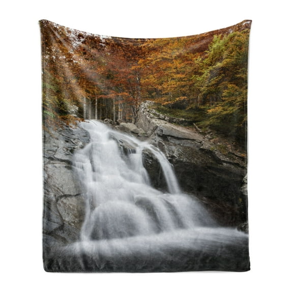 Waterfall Soft Flannel Fleece Blanket, Water Falls to the Lake Through Rocks Surrounded by Fall Season Trees, Cozy Plush for Indoor and Outdoor Use, 50" x 70", White Green and Orange, by Ambesonne