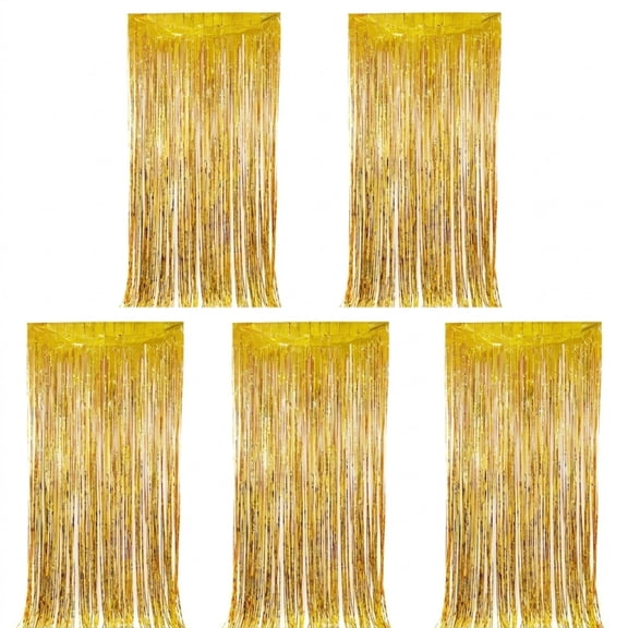 5 Pack Gold Foil Fringe Curtains, 3.3ft x 6.6ft Metallic Tinsel Backdrop for Birthday, Graduation, Wedding And Party Decorations