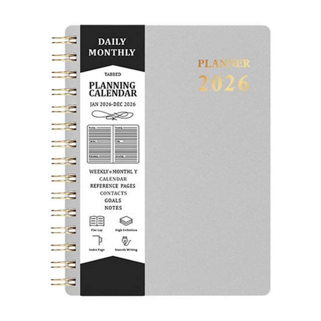 Grey 2026 Coil Schedule Book A5 Size 140 Sheets Faux Leather Cover Planner For Daily Use Work School Home Journaling Planning Note Taking Portable And Sturdy