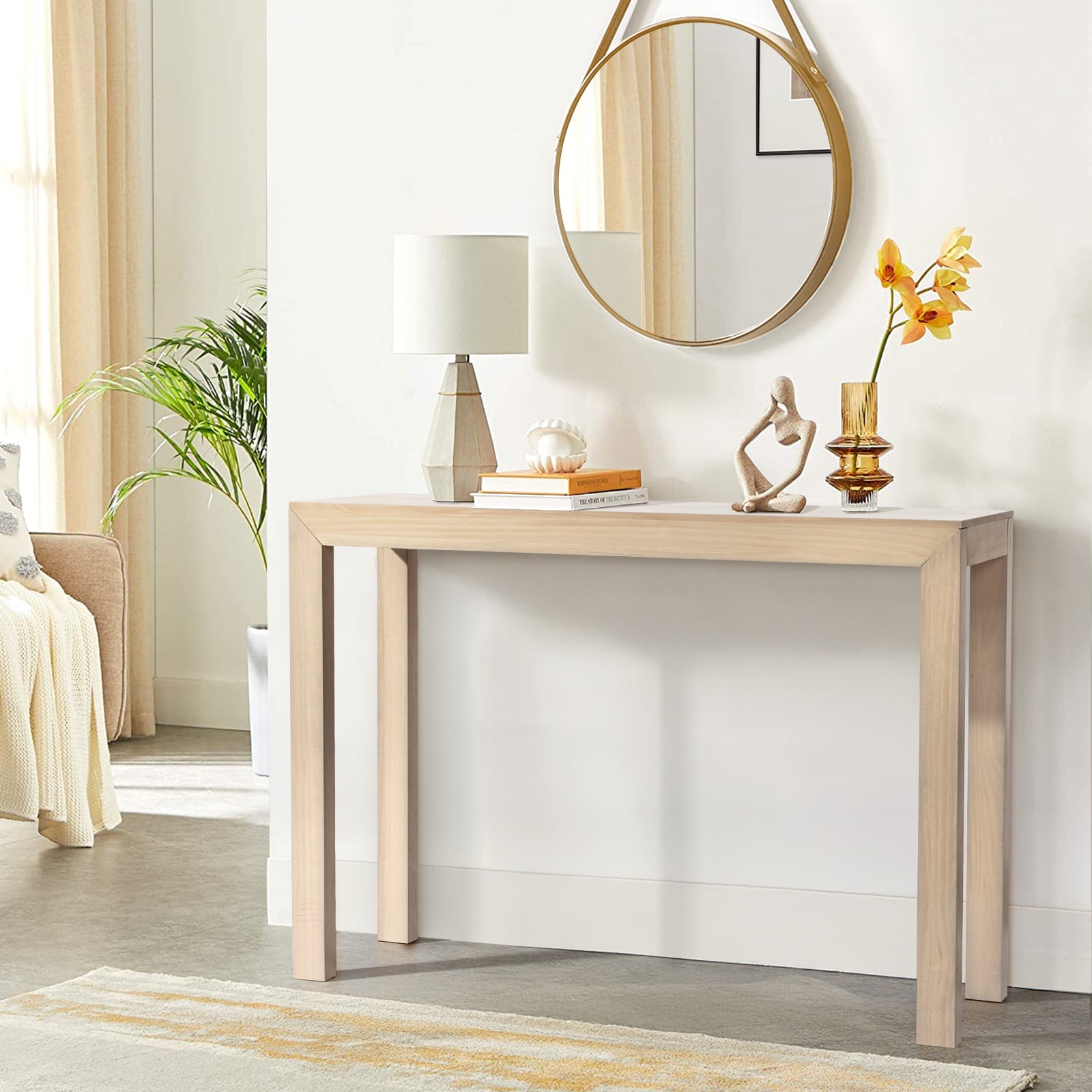 HiiKaa 46" Farmhouse Wood Entryway Table,Narrow Console Table with Storage Behind Couch Sofa Table for Entryway,Natural